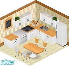 Sims 1 — White & Wood Kitchen by STP Carly — Includes: Painting, Counters(2), Trash Compactor, Overhead Cabinet(2),
