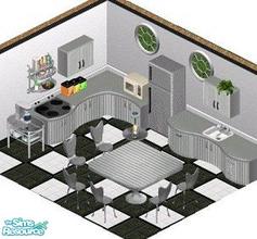 Sims 1 — Steel Kitchen by STP Carly — Includes: Over Cupboards(2), Counters(3), Chair, Table, Dishwasher, Trash