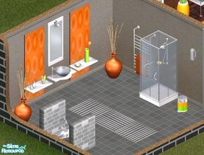 Sims 1 — White Minimalist Bathroom by Fairywitch — Includes: Art, Divider, Mirror, Shelfs(2), Shower, Sink, Toilet, Towel