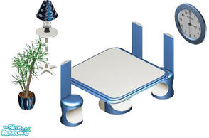 Sims 1 — Blue Dining Set by STP Carly — Includes : Plant, Floor Lamp, Dining Table, Dining Chair and Fire Alarm Clock