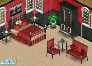 Sims 1 — Valentines Bedroom by Secret Sims — Includes: Chair, Lamps(2), Double Bed, Dresser, Loveseat, Endtable