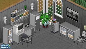 Sims 1 — Comet Gray Study by Secret Sims — Includes: Bookcase(2), Chair, Desk, Endtable, Sidetable, Sconce, Wall Shelf