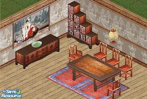 Sims 1 — Chinese Dining Set by Dincer — Includes: Arm Chair, Buffet, Cabinet, Dining Chair, Dining Table, Jade pot,