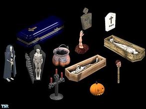Sims 1 — Halloween Set by Dincer — Includes: Coffin, Tomb Stones (2), Skeleton in a Coffin, Mummy in a Coffin, Dark Lord