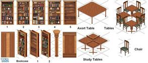 Sims 1 — Axort Library Collection by Lorah — Includes: Bookcases (3), Chair, Library Cases (5), Column, Tables (3)