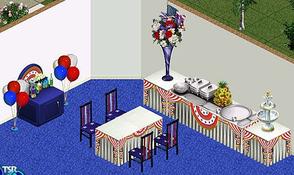 Sims 1 — Independance by hippichick — Includes: Bar, Buffet, Table, Dining chair, Balloons, Flower display, End table.