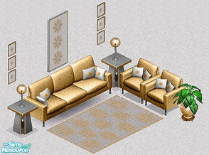 Sims 1 — Misty Caramel Livingroom by Beth Ross — Includes: Chair, Sofa, Rug, Endtable, Lamp, Paintings(2), Plant