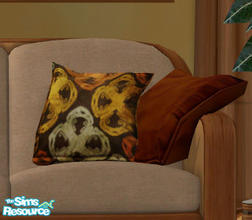Sims 2 — Floppy Accent Cushions Recolor Set Four - Brown Multi by Simaddict99 — brown base with gold & orange design
