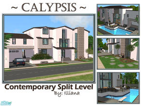 Sims 2 — Calypsis - Contemporary Split Level by Illiana — Includes pool/hot tub, soaring ceilings,landscaping, master bed