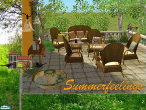 Sims 2 — Outdoor 2009 by ShinoKCR — Wickerset with clutter added (Birdhouse, Candles, Pillows, Blanket)Fountain, several