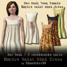 Sims 3 — New Mesh - TF Empire waist dress by Simaddict99 — empire waist mini dress with back tie for teens. Comes with 4