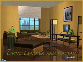 Sims 2 — Leather and Rattan by ShinoKCR — Livingroomset with Sofa, Ottoman, Coffeetable, TVTable, Floorlamp, 3 Plants,