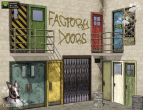 Sims 3 — Factory Doors by Cyclonesue — 10 unique factory doors in various states of repair. All are fully recolourable