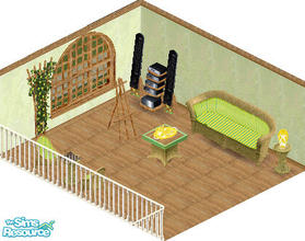 Sims 1 — Hummingbird sunroom by carriep — Includes: Lamp(2), Easel, Chair, Chess, Endtable, Floor, Wall, Plant, Sofa,
