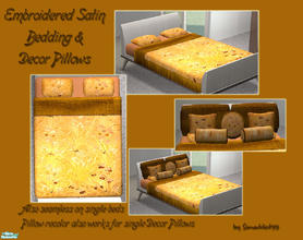 Sims 2 — Embroidered Bedding - Gold Set by Simaddict99 — Luxurious, golden silk with embroidered meadow and chocolate