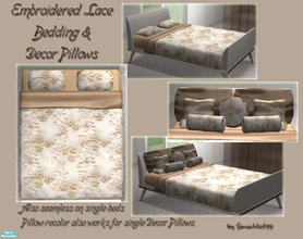 Sims 2 — Embroidered Bedding - Ivory Lace Set by Simaddict99 — Luxurious, ivory silk bedding covered with beaded and