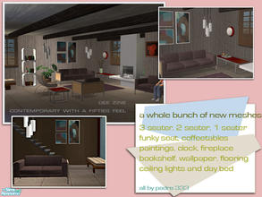 Sims 2 — Dee Zine Lounge by Padre — Livingroom furniture in brown linens with warm reds and a splash of aqua with a