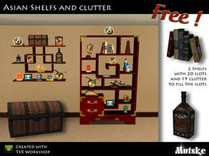 Sims 3 — Asian Shelfs and Clutter ** Free ** by Mutske — Set of 2 empty shelfs and 19 clutter to fill the empty slots.