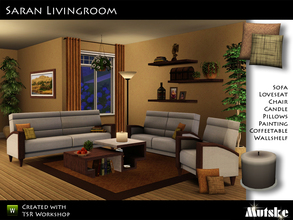 Sims 3 — Saran Livingroom by Mutske — This set contains a sofa, loveseat, chair, coffeetable, pillows, candle (working