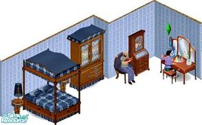 Sims 1 — Country Gentleman's Lovebed Set by STP Carly — Includes: Bed, Vanity, Wardrobe, Lamp, Endtable, Chair, Bookcase