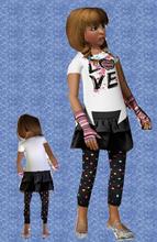 Sims 3 — DD06_child cute wear by CandyDolluk — white top that says love with arm warmers black skirt with color dot