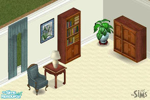 Sims 1 — Teal Traditions Set by CactusWren — Includes: Chair, Drapes, Cabinet, Bookcase, Endtable, Mirror, Lamp