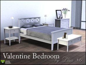 Sims 3 — Valentine Bedroom by Lisa 86 — Set contains: Bed, Dresser, Bench, End Table, Lamp, Candles, Cup, Painting (two