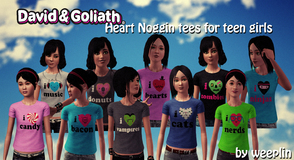 Sims 3 — David and Goliath Heart Noggin tees for teen girls by weeplin — Ten different t-shirts in total all with