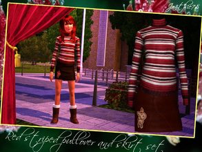 Sims 3 — Red striped pullover and skirt set for teens by Janthie78 — This is a set of a warm striped pullover and a nice