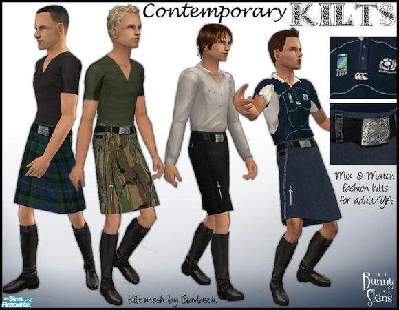 Sims 2 — Contemporary Kilts by BunnyTSR — 4 contemporary kilts in tartan, denim, plain black wool & jungle