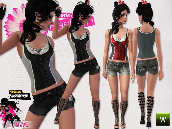 Sims 3 — Pretty Reckless by miraminkova — Corset With Lace And Sweater Combined With Destroyed Shorts.
