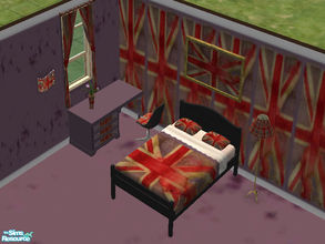 Sims 2 — Union Jack Inspired Bedroom by Rhii93 — Set of union jackflag recolours. Wallpaper, carpet, bedding, desk,