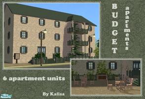 Sims 2 — Budget Apartments by -kalisa- — 6 apartment units and a communal kitchen. The apartments are different in size,