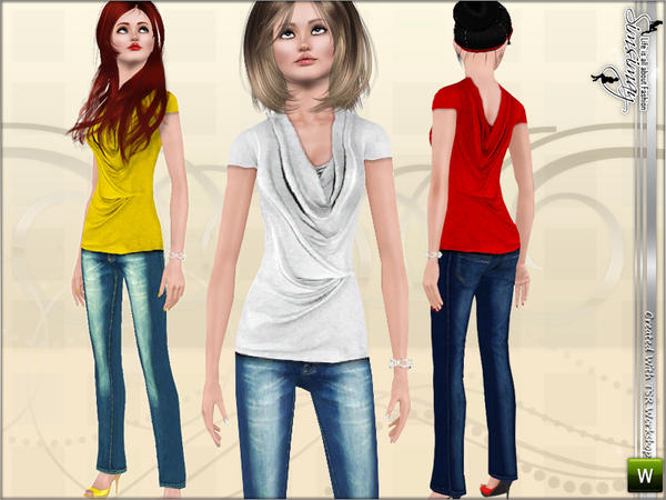 Sims 3 — Casual Top & Jean Outfit by Simsimay — Casual Realistic Half Recolorable Jeans with High Quality Casual