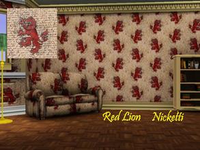 Sims 3 — Red Lion by nicketti — Pattern, heraldic lion rampart on field of old English script, medieval, Hogwarts