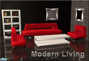 Sims 2 — Modern Living Room Set by nikisatez05 — 6 New Meshes: Book Case, 3 Seat Sofa, 2 Seat LoveSeat, Living Chair,