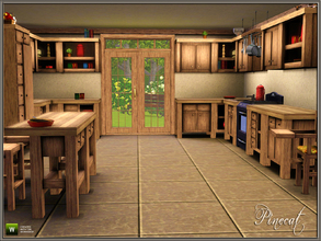 Sims 3 — Brookhaven Kitchen by Pinecat — Set includes two counters, three upper cabinets, an island, barstool, fridge,