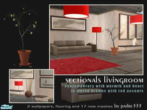 Sims 2 — Sectionals Livingroom by Padre — A contemporary, warm and inviting livingroom in muted browns with red accents.