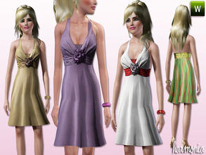 Sims 3 — Christmas Chiffon Dress by Harmonia — Chiffon Dress With A Flower Beneath The Neckline Custom New Mesh by