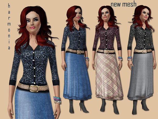Sims 3 — Shining Belted Cardigan ~ Long Pleated Skirt by Harmonia — New mesh included.