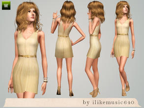 Sims 3 — Belted and Pleated Cream Dress by ILikeMusic640 — gold belt and cream dress