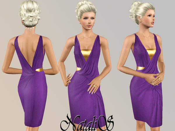Sims 3 — Draped dress with leather details FA by Natalis — V-neck, leather details, faux-wrap front with asymmetrical