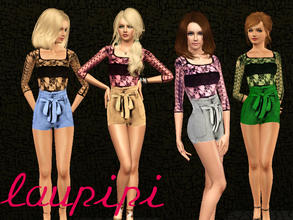 Sims 3 — LP Lace and Shorts by laupipi2 — High waisted shorts with a lace t-shirt. Two recolorable channels.