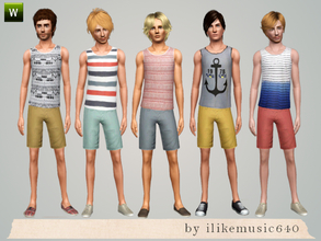 Sims 3 — Mens Shorts + Tanks by ILikeMusic640 — set includes two items, basic shorts and printed tank tops
