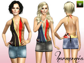 Sims 3 — Printed Silk and Denim Dress by Harmonia — Custom Mesh By Harmonia09 4 Variations. Recolorable Fusing a
