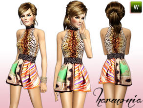 Sims 3 — Leopard Print/Multicoloured Scarf Print Silk Dress by Harmonia — Custom Mesh By Harmonia09 Not Recolorable