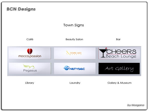 Sims 3 — Town Signs by morgana14 — Laundry, Art Galery, Beauty Salon,Library,Bar, Cafe