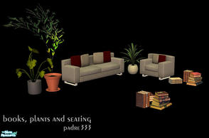 Sims 2 — Livingroom Objects by Padre — 3 plants, sofa and armchair and some books. New meshes and recolours. Enjoy!
