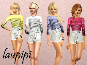 Sims 3 — Lace Shorts Outfit by laupipi2 — Lace not recolorable shorts with a recolorable stripes t-shirt