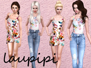Sims 3 — Secret Set by laupipi2 — -Floral printed not recolorable dress with two versions: with and without a belt -High